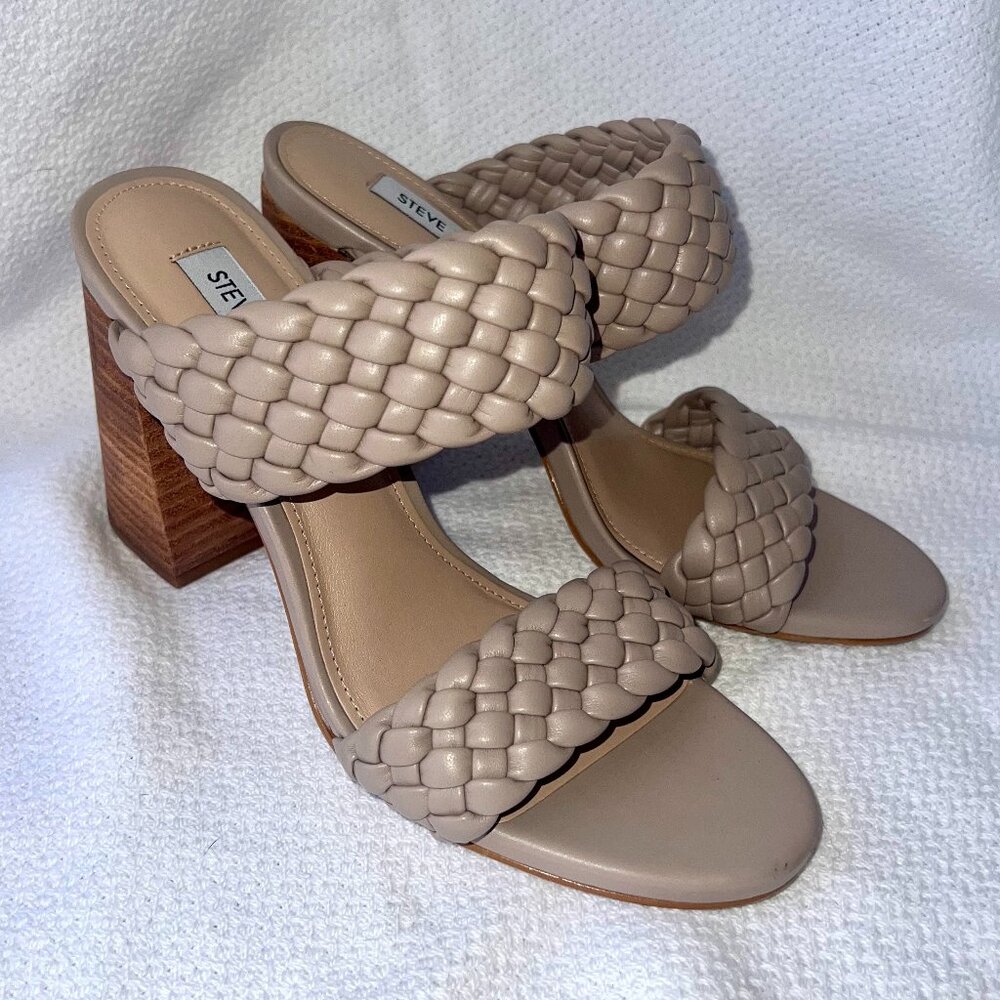 NEW Steve Madden Tielo Taupe Slide Sandals Size 8.5, Braided Straps, Party Heels